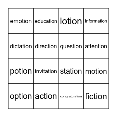 -tion Bingo Card