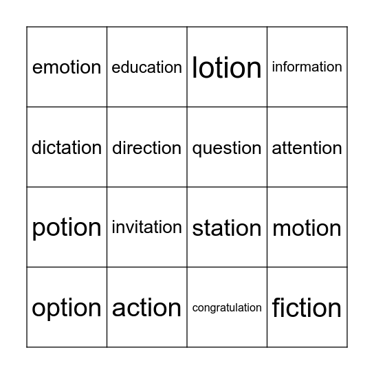 -tion Bingo Card