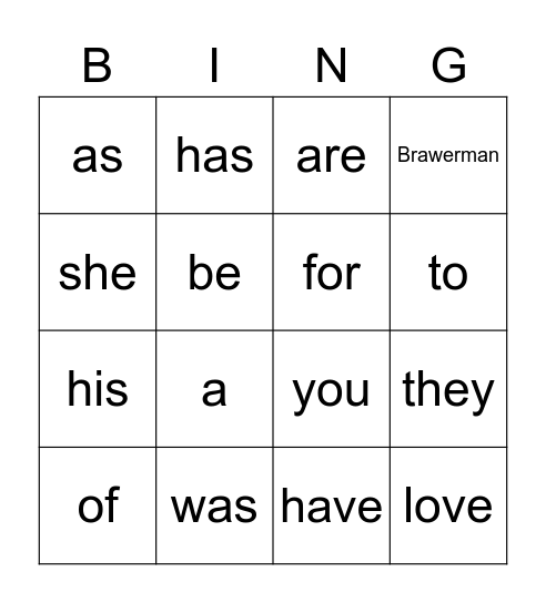 Trick Word Bingo Card