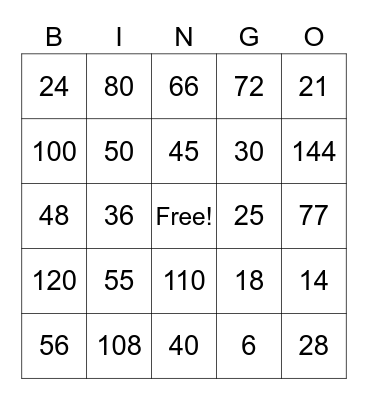 Multiplication Bingo Card