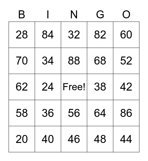 Doubling and Halving Bingo Card