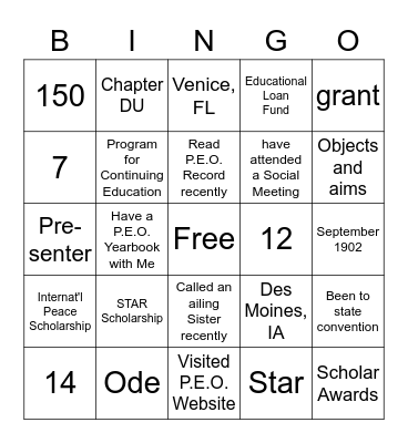 PEO BINGO Card
