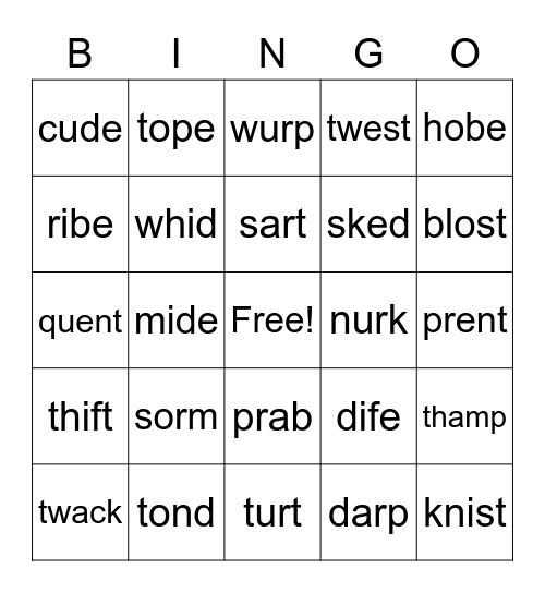 Nonsense Words Bingo Card