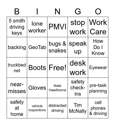 Safety Bingo Card
