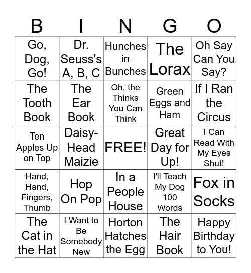 Dr. Seuss Books Bingo Card