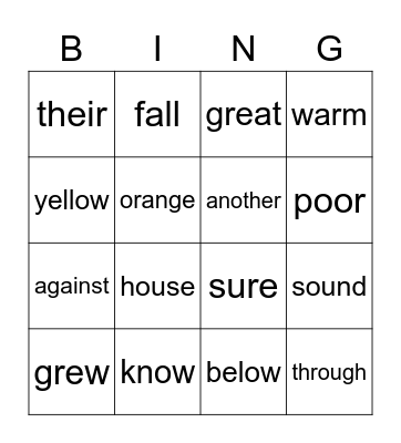 Sight Word Bingo Card