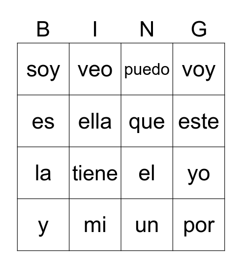 Palabras de Frequento Uso Bingo Card