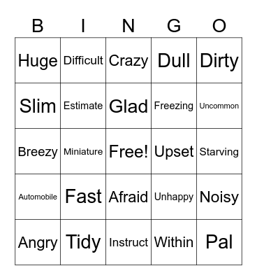 Synonyms Bingo Card