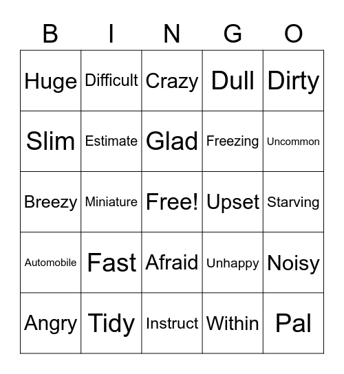 Synonyms Bingo Card