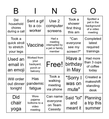 Team Cassidy Remote Bingo Card