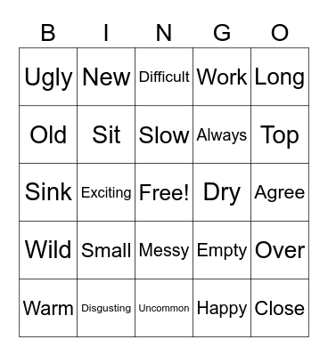 Antonyms Bingo Card