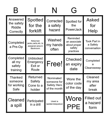 Safety Week Bingo Card