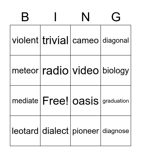 Syllable Division Bingo Card