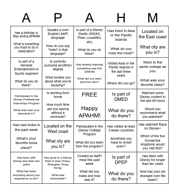 Disney APAHM 2021 Mixer Bingo Card