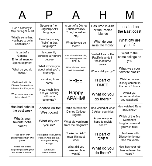 Disney APAHM 2021 Mixer Bingo Card