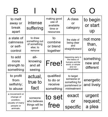 Essential Vocabulary Bingo Card