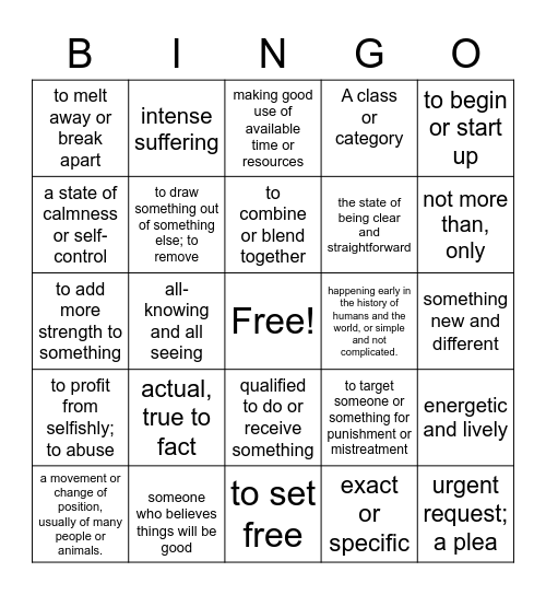 Essential Vocabulary Bingo Card