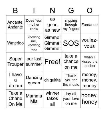 Mama Mia-ABBA Bingo Card