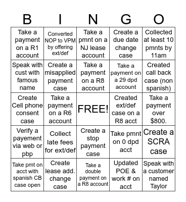 Dialer Bingo Card