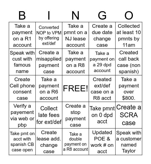 Dialer Bingo Card