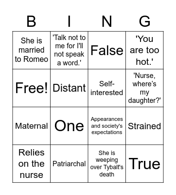 Juliet and Lady Capulet Bingo Card