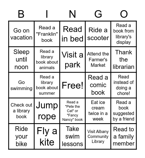 Summer Reading Bingo--Lower Grades Bring your card to library each time you complete a row, column or diagonal bingo for treat. Bingo Card