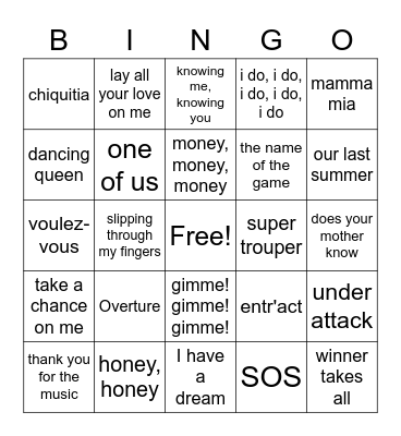 Mama Mia Broadway Bingo Card