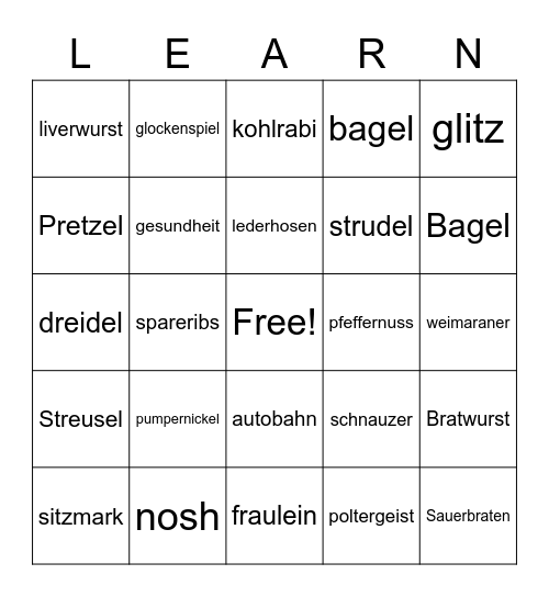 Learn German words Bingo Card
