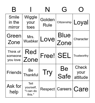 Social Emotional Learning (SEL) Bingo Card