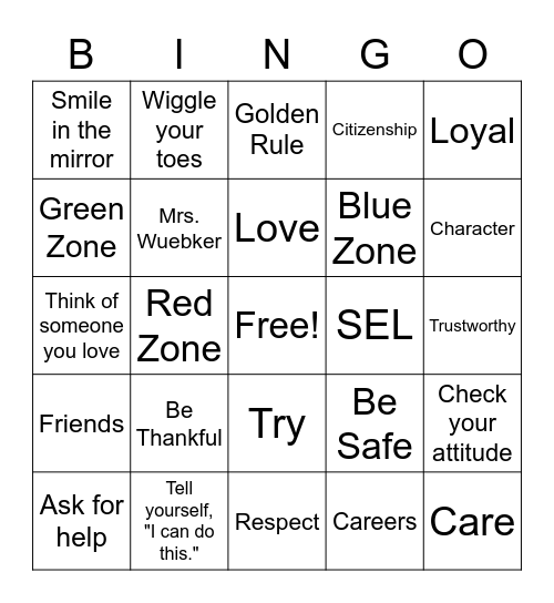 Social Emotional Learning (SEL) Bingo Card