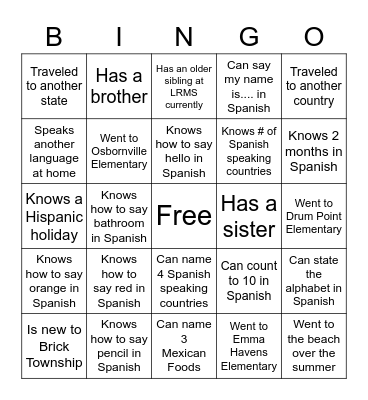 Bienvenidos a la clase de espanol Bingo Card