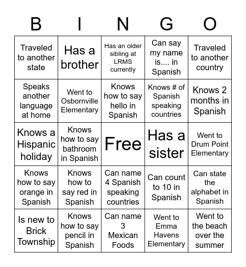 Bienvenidos a la clase de espanol Bingo Card