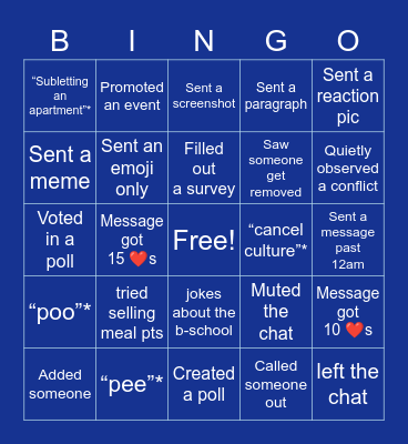 WUSTL ‘23 GroupMe Bingo Card