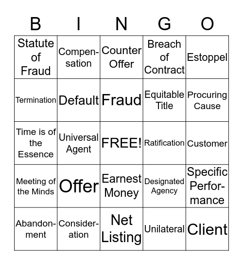 Real Estate Law Bingo Card