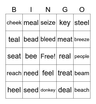ee, ea, ey, eo, ei Bingo Card