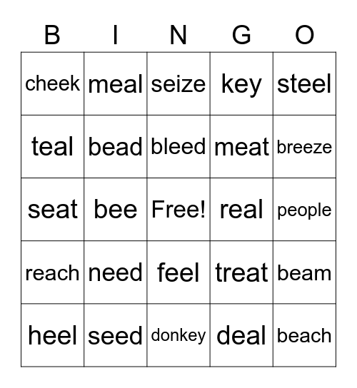 ee, ea, ey, eo, ei Bingo Card