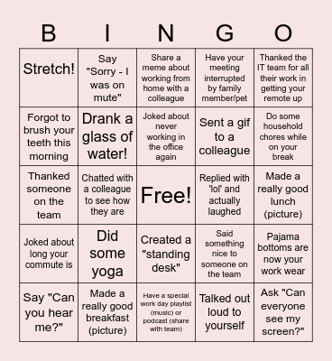 Remote Work Bingo Card