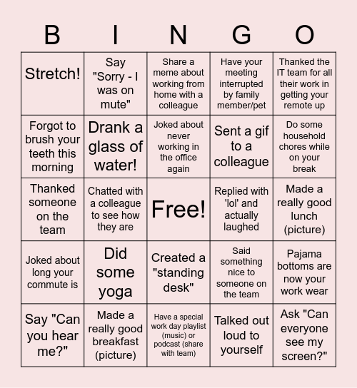 Remote Work Bingo Card