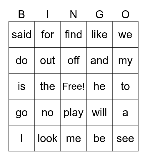 Sight Word Bingo Card