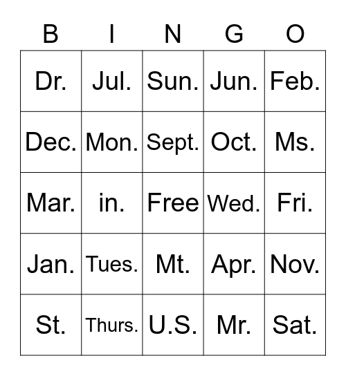 Abbreviations Bingo Card