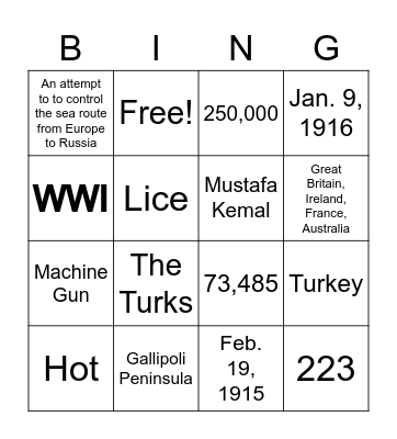 Battle of Gallipoli Bingo Card