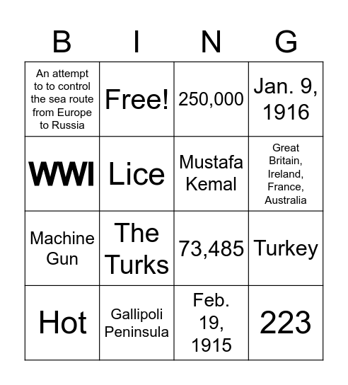 Battle of Gallipoli Bingo Card