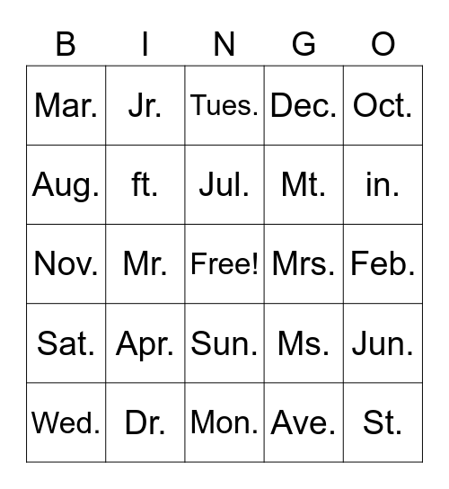 Abbreviations Bingo Card