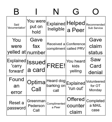 Member Service Bingo Card