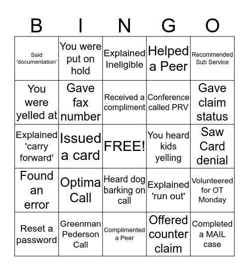 Member Service Bingo Card