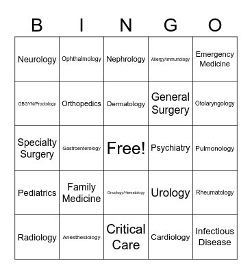 Medical Specialty Bingo Card