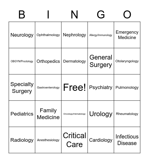Medical Specialty Bingo Card