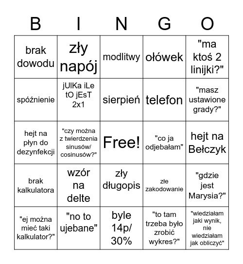 Matematyczne Bingo Card