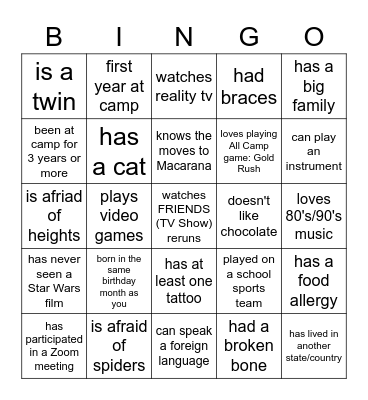 Get to Know You Bingo - Camp Style Bingo Card