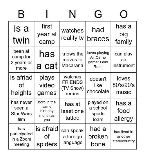 Get to Know You Bingo - Camp Style Bingo Card
